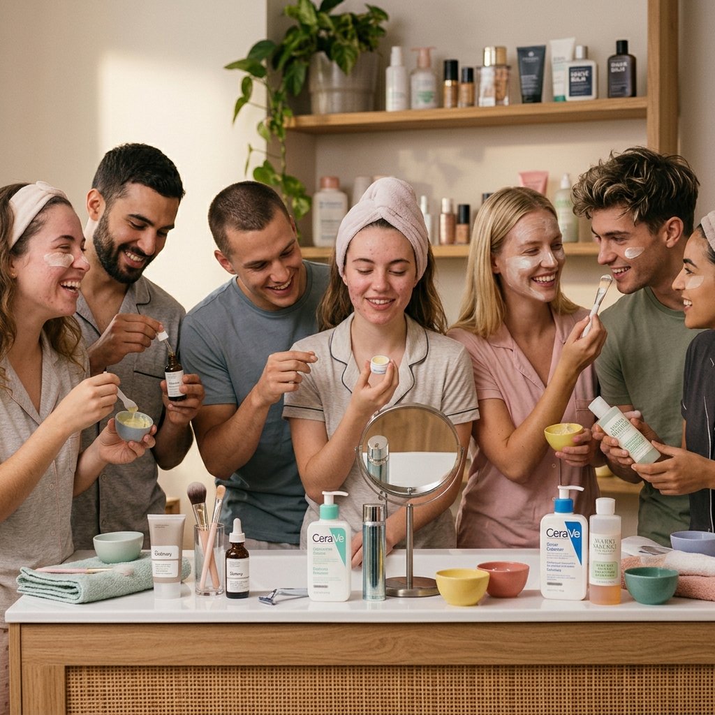 Grupo de amigos con distintos tipos de piel aplicándose cada uno su propio producto